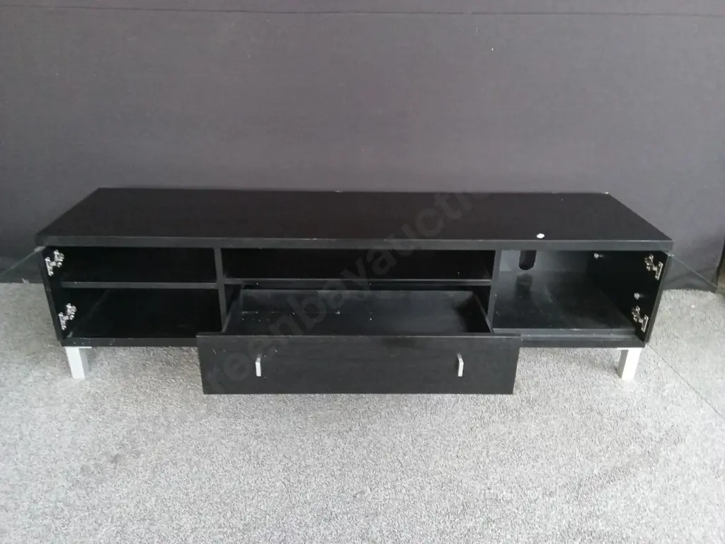 BLACK WOOD ENTERTAINMENT UNIT FEATURING GLASS CABINET DOORS, L 180CM X D 45CM X H 50CM Image 1++