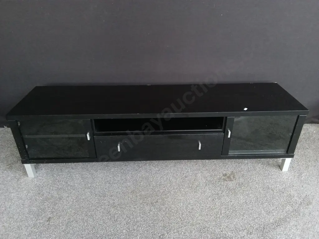 BLACK WOOD ENTERTAINMENT UNIT FEATURING GLASS CABINET DOORS, L 180CM X D 45CM X H 50CM Image 1++