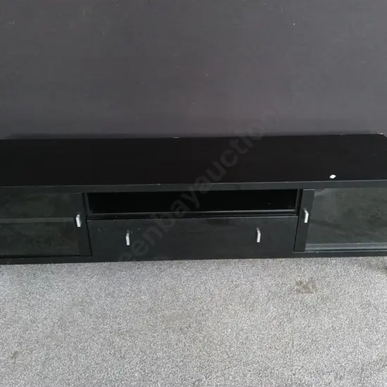 BLACK WOOD ENTERTAINMENT UNIT FEATURING GLASS CABINET DOORS, L 180CM X D 45CM X H 50CM