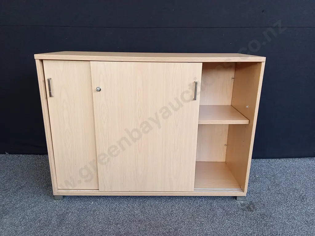 LIGHT WOODEN OFFICE CREDENZA WITH LOCKING SLIDER DOORS, H 89CM X L 120CM X W 45CM Image 1++