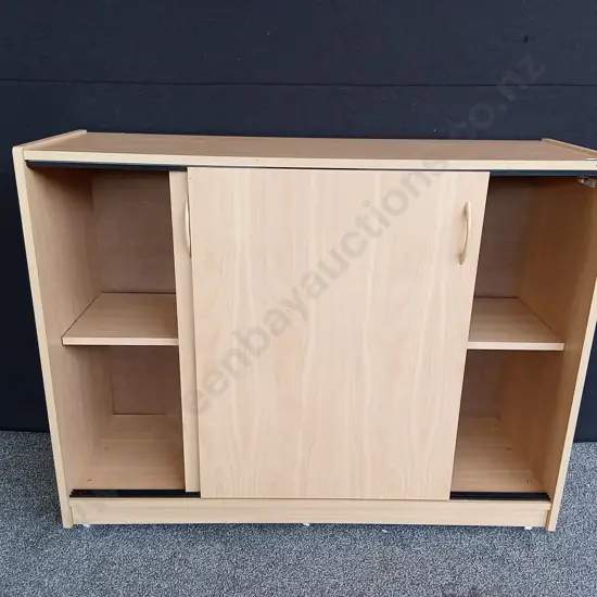 LIGHT OAK OFFICE CREDENZA WITH SLIDING DOORS, H 94CM X L 120CM X D 40CM