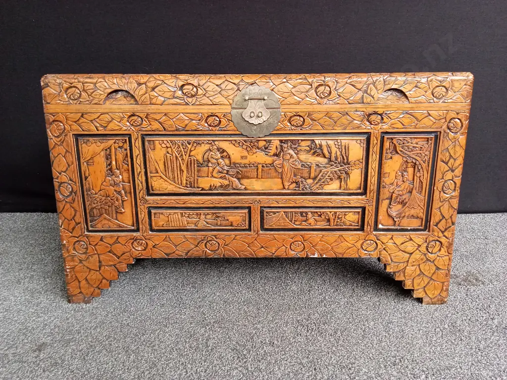 CARVED CHINESE WOOD CHEST FEATURING INTRICATE SCENES AND LOTUS PATTERNS, H 59CM X L 100CM X D 53CM Image 1++