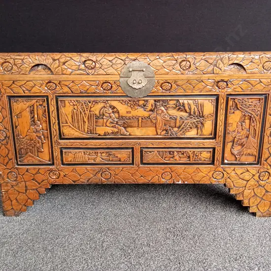 CARVED CHINESE WOOD CHEST FEATURING INTRICATE SCENES AND LOTUS PATTERNS, H 59CM X L 100CM X D 53CM