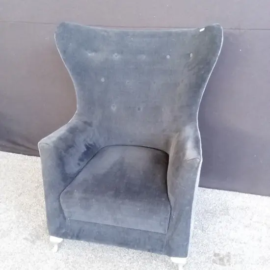 DARK GREY VELVET UPHOLSTERY WINGBACK ARM CHAIR, H 108CM X W 75CM X D 70CM