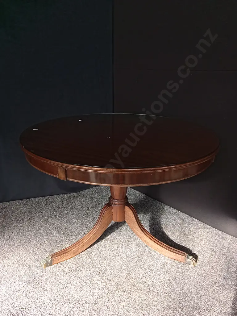 VINTAGE 7 PIECES DINING SET WITH DARK WOOD ROUND TABLE WITH CENTRAL PEDESTAL BASE WITH 6 MATCHING UPHOLSTERED SEATS Image 1++