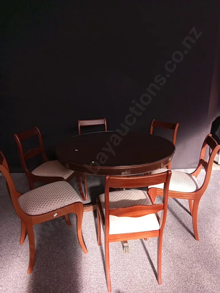 VINTAGE 7 PIECES DINING SET WITH DARK WOOD ROUND TABLE WITH CENTRAL PEDESTAL BASE WITH 6 MATCHING UPHOLSTERED SEATS Image 1++
