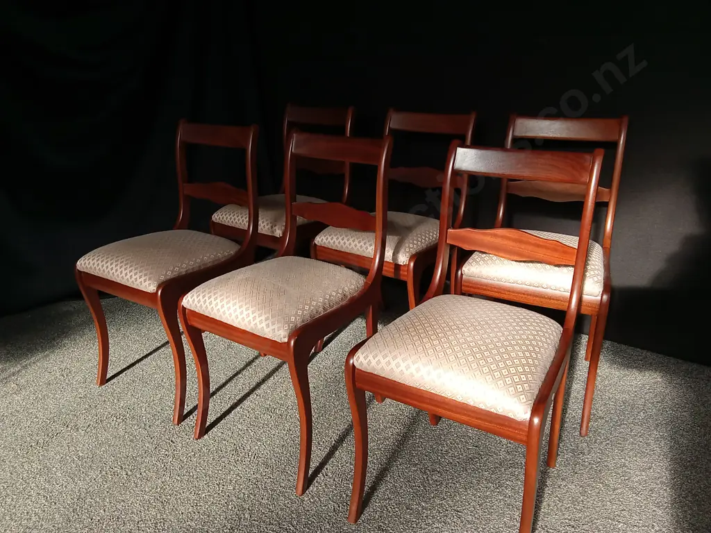 VINTAGE 7 PIECES DINING SET WITH DARK WOOD ROUND TABLE WITH CENTRAL PEDESTAL BASE WITH 6 MATCHING UPHOLSTERED SEATS Image 1++