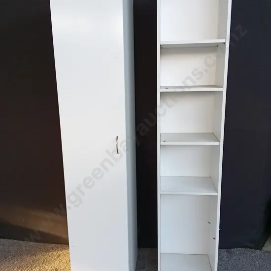 WHITE SINGLE DOOR CABINET AND WHITE SHELVES BOTH 2.1M TALL