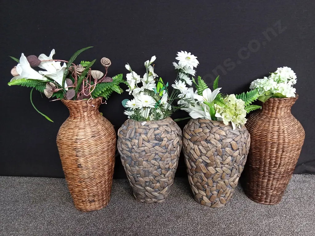 ARTIFICIAL PLANTS AND FLOWERS IN WOVEN VASES, TALLEST IS 77CM Image 1++