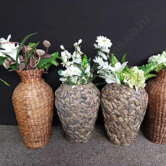 ARTIFICIAL PLANTS AND FLOWERS IN WOVEN VASES, TALLEST IS 77CM