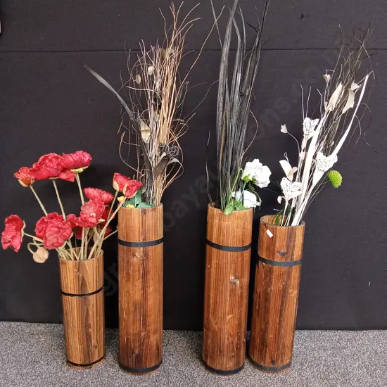 ARTIFICIAL PLANTS AND FLOWERS IN WOODEN VASES, TALLEST 160CM