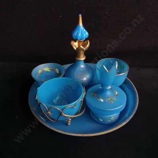 VINTAGE TURQUOISE BLUE OPALINE GLASS VANITY SET, TALLEST H 23 CM