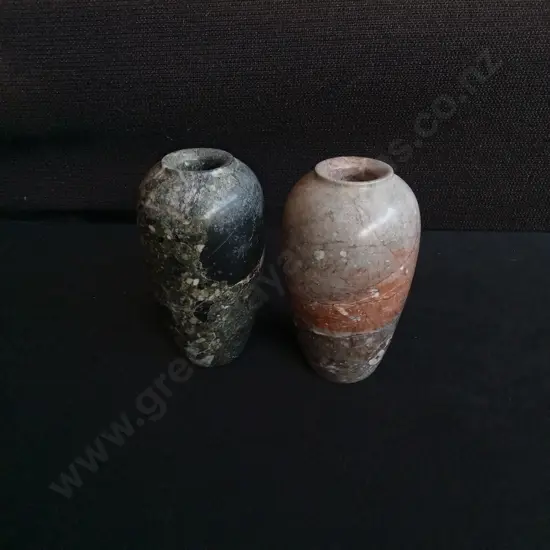 PAIR OF HAND CARVED NATURAL STONE MINIATURE BUD VASES, H 11 CM
