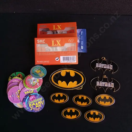 MISCELLANEOUS MIX OF ITEMS INCLUDING COLLECTION OF BLANK CASSETTES BATMAN BADGES AND BELT BUCKLE