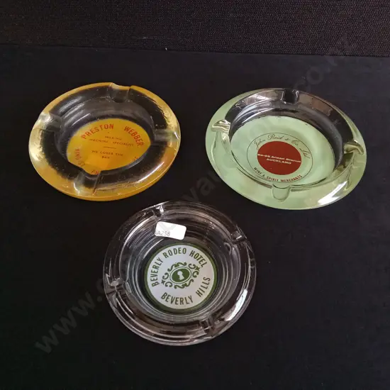 3 VINTAGE GLASS ADVERTISING ASHTRAYS, LARGEST W 15 CM APPROX