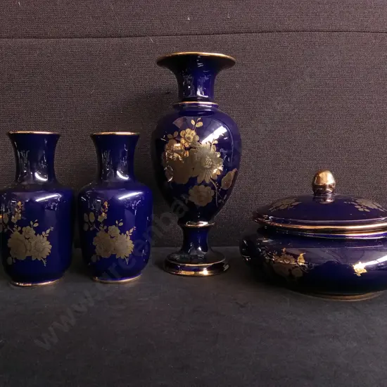 VINTAGE CERÀMICAS MACHADO CHILE PORCELAIN VASE AND TRINKET DISH SET, 4 PIECES, TALLEST H 25 CM