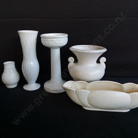 5 PIECES VINTAGE CROWN LYNN WHITE POTTERY PIECES, MADE IN NZ, TALLEST H 23.5 CM