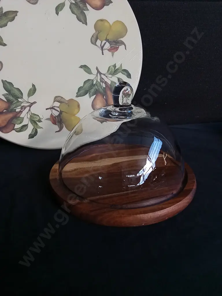 FRUIT PRINT LAZY SUSAN AND TEAK WOOD CHEESE SERVER WITH GLASS DOME, LARGEST W 40 CM Image 1++