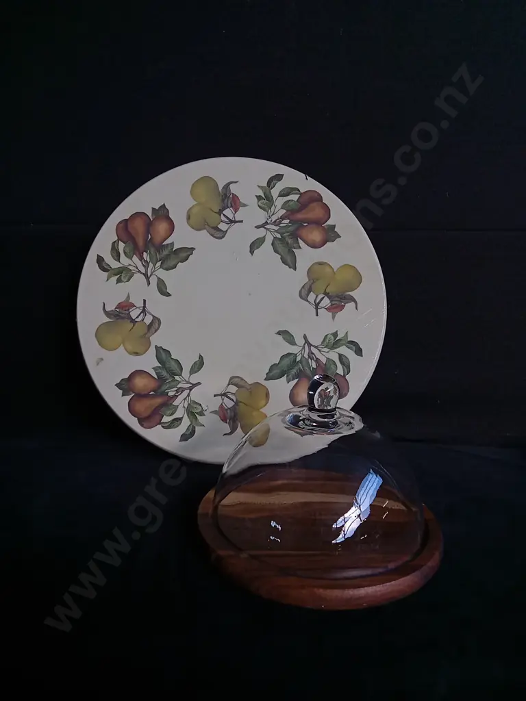 FRUIT PRINT LAZY SUSAN AND TEAK WOOD CHEESE SERVER WITH GLASS DOME, LARGEST W 40 CM Image 1++