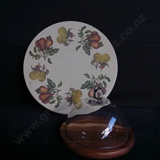 FRUIT PRINT LAZY SUSAN AND TEAK WOOD CHEESE SERVER WITH GLASS DOME, LARGEST W 40 CM