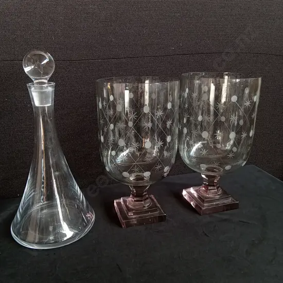 PAIR OF GLASS VESSELS AND DECANTER, TALLEST H 36 CM