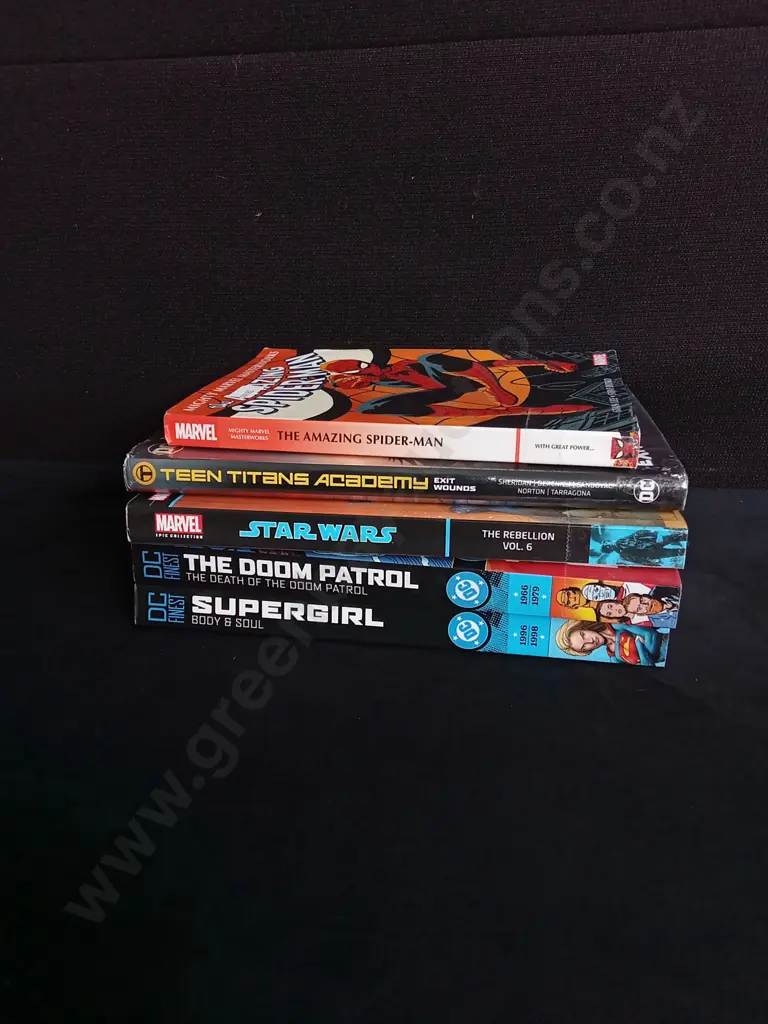 5 COMIC BOOK PAPERBACKS, MARVEL AND DC Image 1++