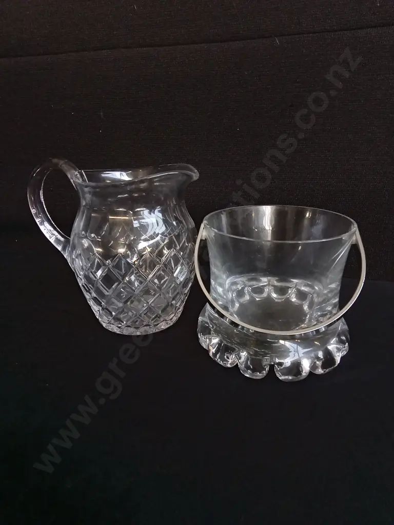 VINTAGE GLASS PITCHER AND ICE BUCKET, TALLEST H 16.5 CM Image 1++