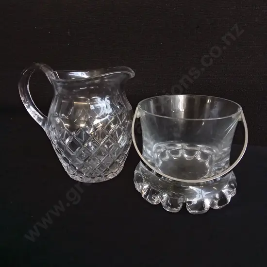 VINTAGE GLASS PITCHER AND ICE BUCKET, TALLEST H 16.5 CM