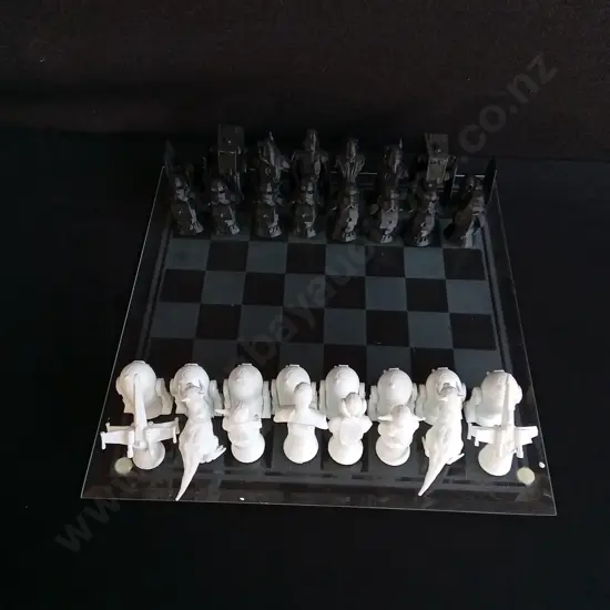 3D PRINTED STAR WARS CHESS SET, INCLUDING ORIGINAL GLASS CHESS PIECES AND BOARD