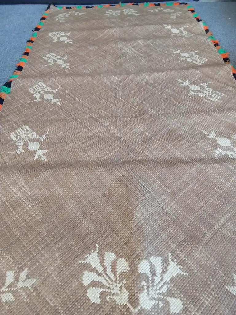 LARGE TRADITIONAL TONGAN HAND WOVEN CEREMONIAL FALA (FLOOR MAT) WITH DECORATIVE FRINGE LIKELY MADE FROM PANDANUS LEAVES Image 1++