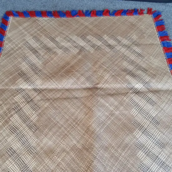 LARGE TRADITIONAL TONGAN HAND WOVEN CEREMONIAL FALA (FLOOR MAT) WITH DECORATIVE FRINGE LIKELY MADE FROM PANDANUS LEAVES