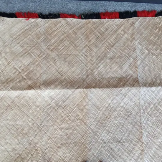 LARGE TRADITIONAL TONGAN HAND WOVEN CEREMONIAL FALA (FLOOR MAT) WITH DECORATIVE FRINGE LIKELY MADE FROM PANDANUS LEAVES