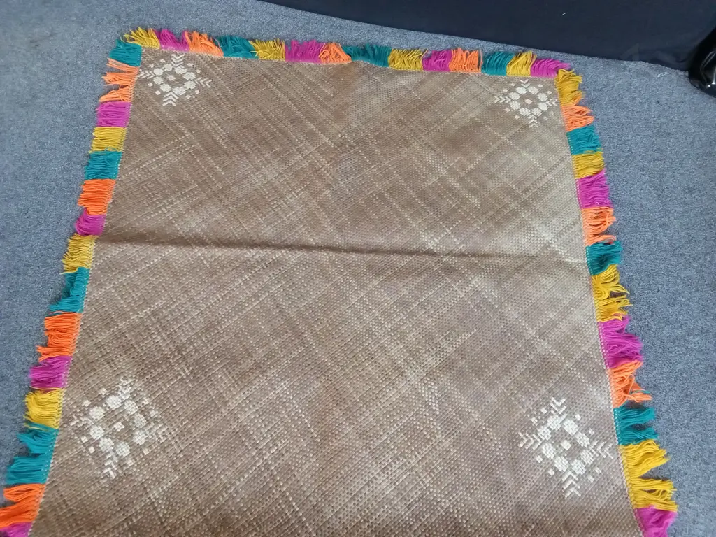 LARGE TRADITIONAL TONGAN HAND WOVEN CEREMONIAL FALA (FLOOR MAT) WITH DECORATIVE FRINGE LIKELY MADE FROM PANDANUS LEAVES Image 1++