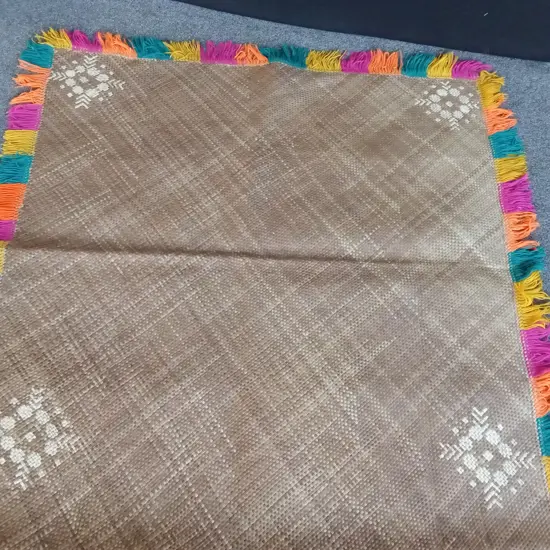 LARGE TRADITIONAL TONGAN HAND WOVEN CEREMONIAL FALA (FLOOR MAT) WITH DECORATIVE FRINGE LIKELY MADE FROM PANDANUS LEAVES