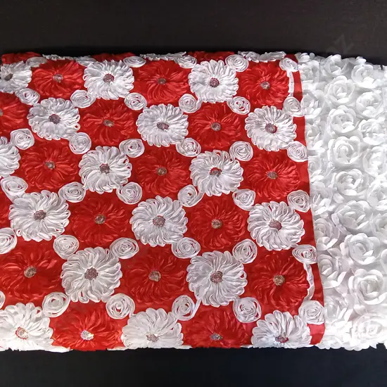 TONGAN COFFIN INTERIOR LINING FABRIC RED AND WHITE FLOWER PATTERN, 260CM X 180CM