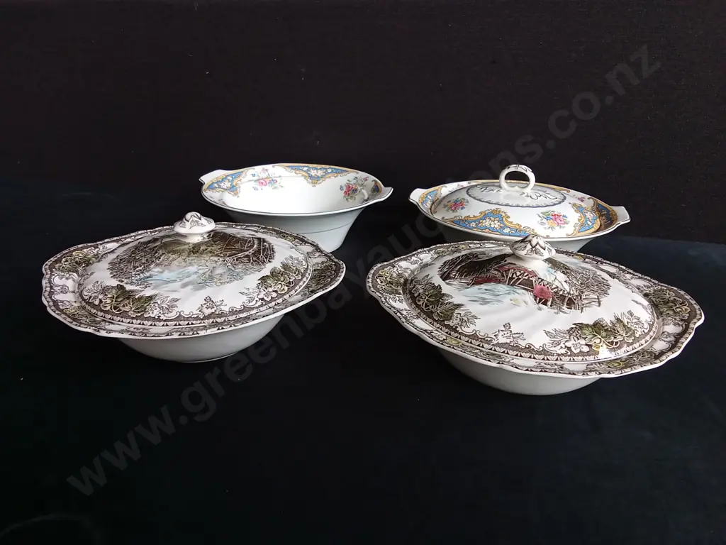 4 PIECES TRANSFERWARE, "THE FRIENDLY VILLAGE" JOHNSON BROTHERS, "YORK" EMPIRE ENGLAND, LARGEST W 27 CM Image 1++