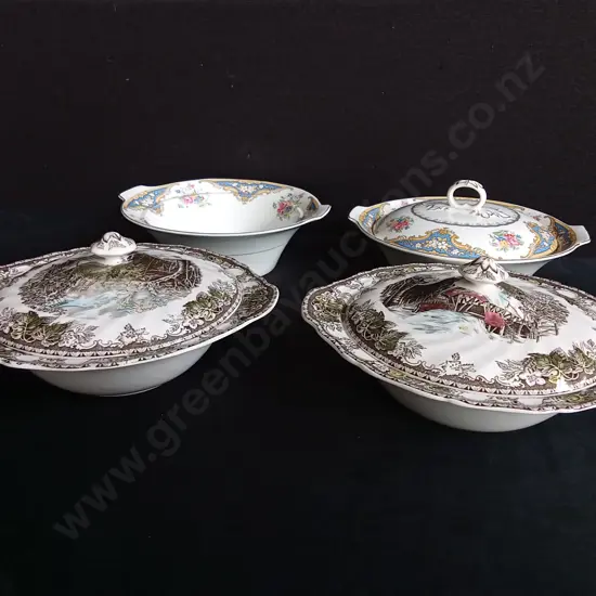 4 PIECES TRANSFERWARE, "THE FRIENDLY VILLAGE" JOHNSON BROTHERS, "YORK" EMPIRE ENGLAND, LARGEST W 27 CM