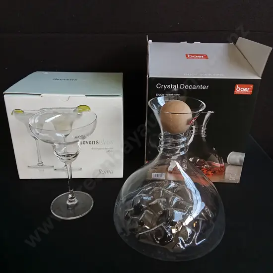 BRAND NEW SET OF 4 MARGARITA GLASSES AND CRYSTAL DECANTER, TALLEST H 24 CM