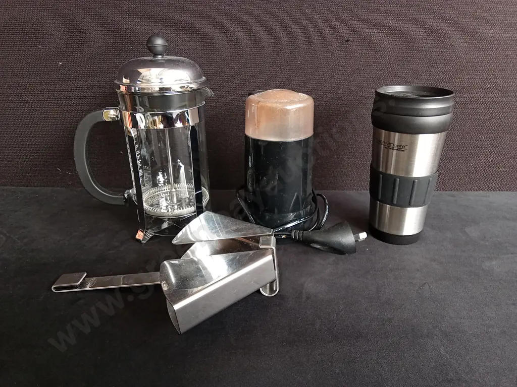 COFFEE SET INCLUDING, PRESS, THERMOS MUG, GRINDER, AND COFFEE FLITER HODLDER, HIGEST ITEM IS 24CM Image 1++