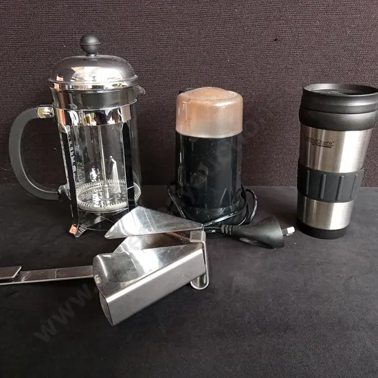 COFFEE SET INCLUDING, PRESS, THERMOS MUG, GRINDER, AND COFFEE FLITER HODLDER, HIGEST ITEM IS 24CM