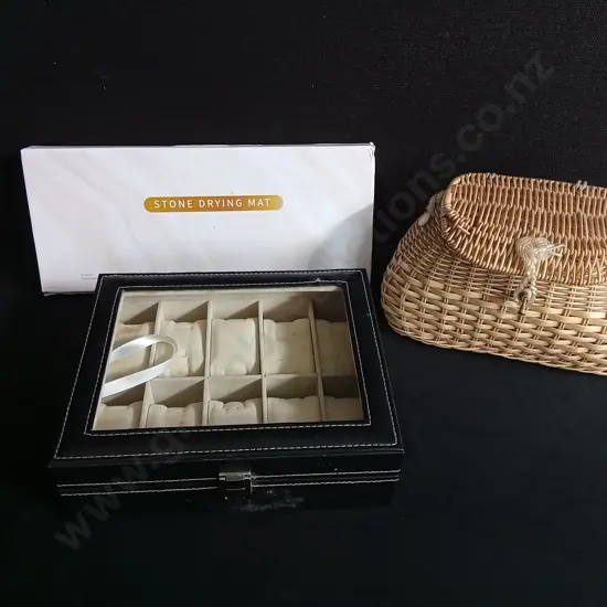 WATCH AND JEWELLERY BOX, WOVEN RATTAN BAG, AND STONE DRYING MAT, LARGEST W 35 CM
