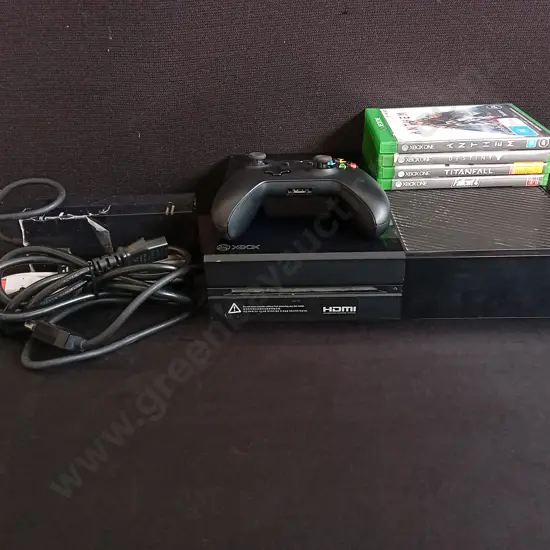 XBOX ONE, INCLUDING 1 CONTROLLER, 4 GAMES, AND CABLES (POWER AND HDMI)