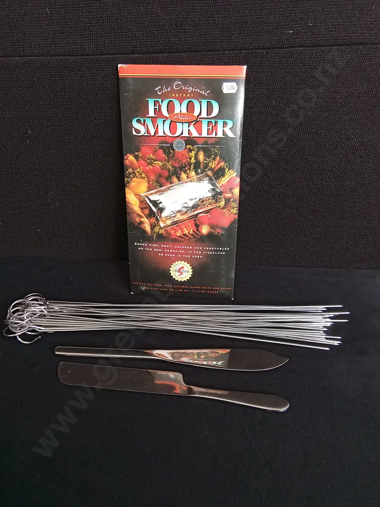 STAINLESS STEEL SKEWERS, KNIFES, AND SMOKING BAG, SKEWERS ARE 38CM Image 1++
