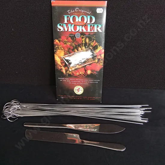 STAINLESS STEEL SKEWERS, KNIFES, AND SMOKING BAG, SKEWERS ARE 38CM