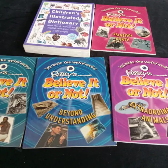 4 RIPLEY'S BELIEVE IT OR NOT BOOKS AND 1 CHILDREN'S ILLUSTRATION DICTIONARY