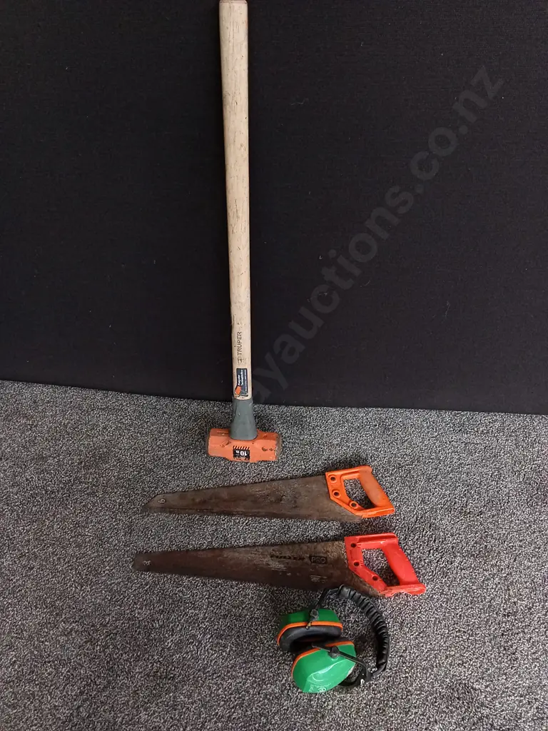 MIX OF TOOLS, SLEDGEHAMMER, HANDSAWS AND EARMUFFS Image 1++