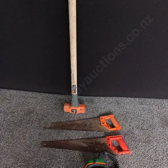 MIX OF TOOLS, SLEDGEHAMMER, HANDSAWS AND EARMUFFS