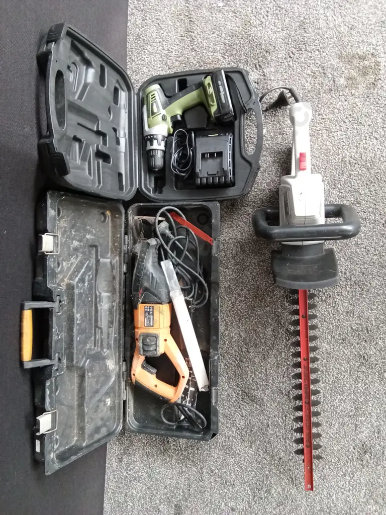 COLLECTION OF POWER TOOLS FEATURING, DRILL, HEDGE TRIMMER, AND RECIPROCATING SAW. Image 1++