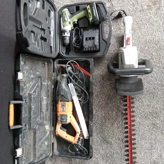 COLLECTION OF POWER TOOLS FEATURING, DRILL, HEDGE TRIMMER, AND RECIPROCATING SAW.