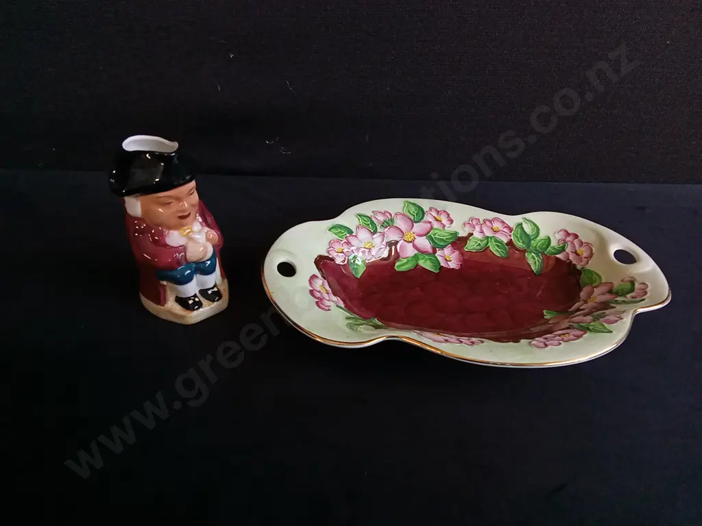 VINTAGE MALING LUSTREWARE DISH AND CERAMIC TOBY JUG, WIDEST W 29 CM Image 1++